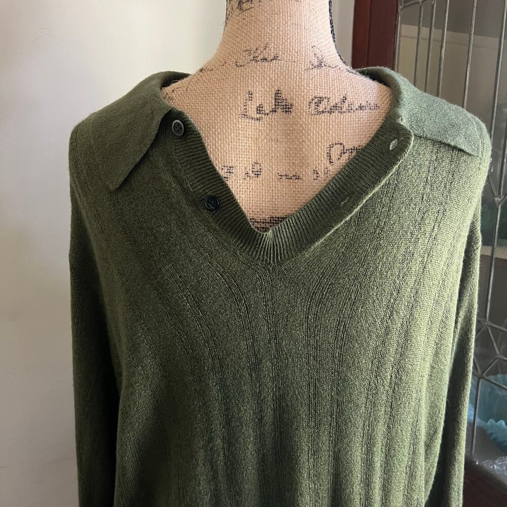 Vintage 90s Olive Button Collar Sweater Mens L Polo Cozy Minimalist - Picture 6 of 17